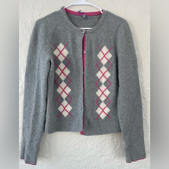 Margaret O'Leary Angora Fine Merino Gray / Pink Argyle Wool Sweater; size M - Picture 1 of 6